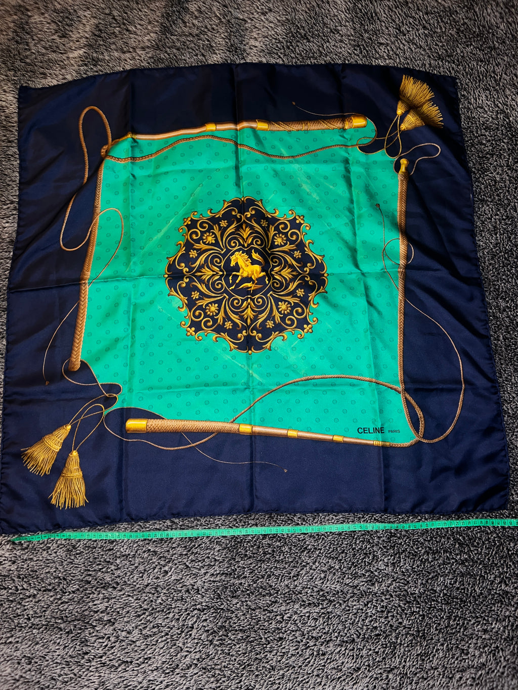 CELINE Paris Vintage Seidentuch Carré Navy Grün