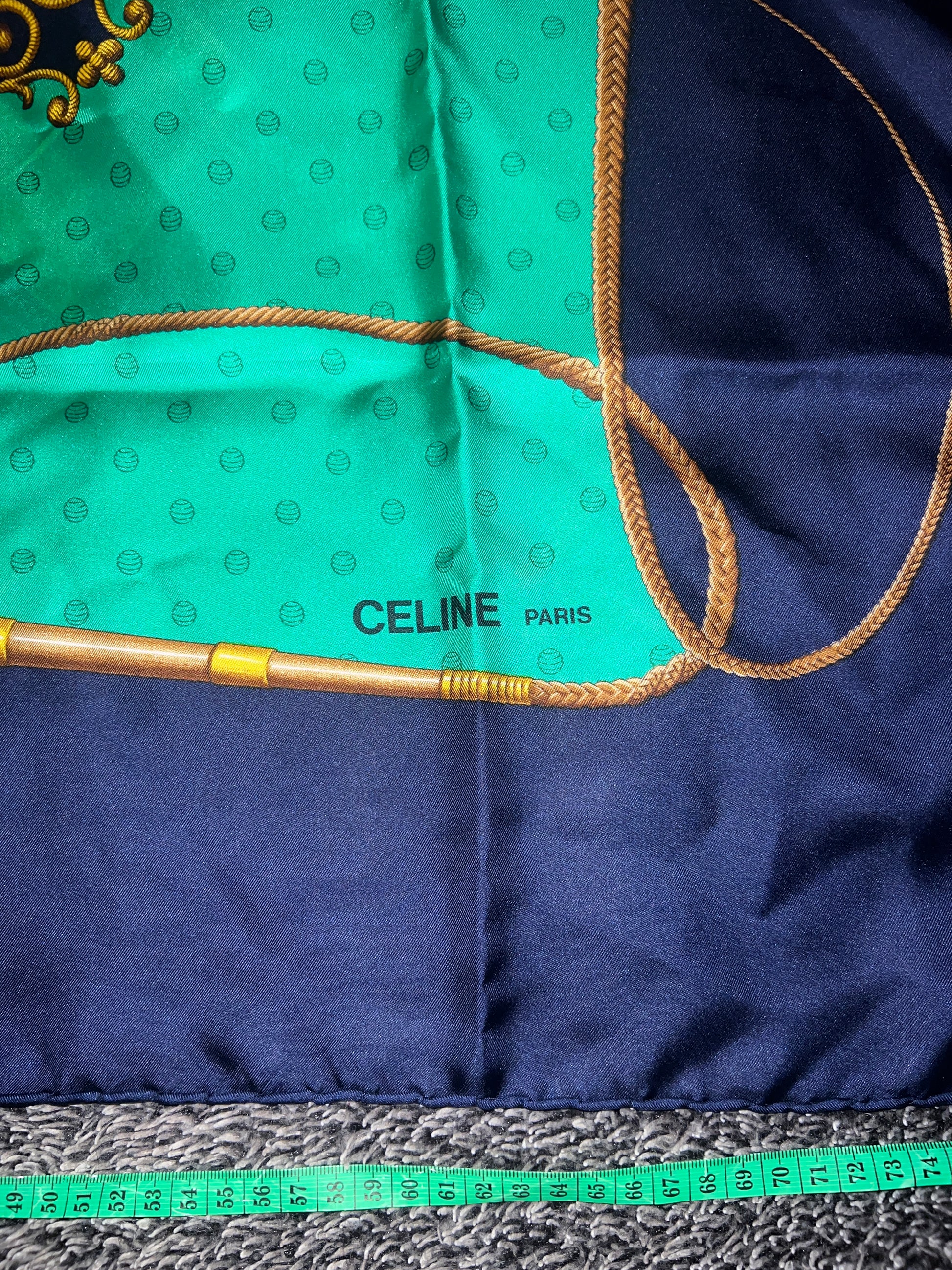 CELINE Paris Vintage Seidentuch Carré Navy Grün