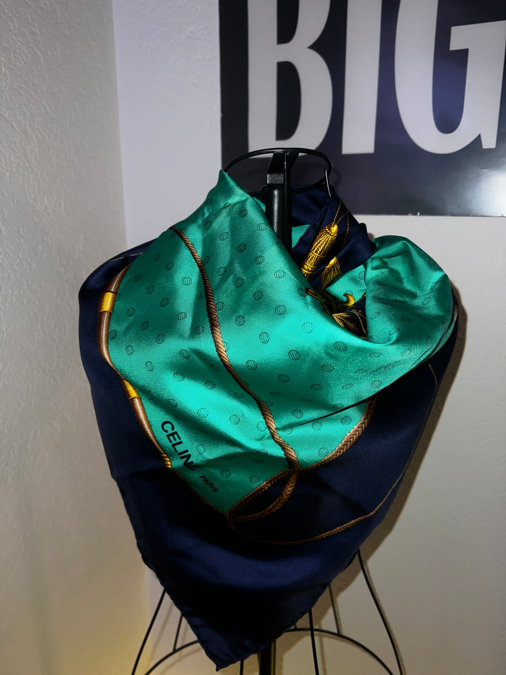 CELINE Paris Vintage Seidentuch Carré Navy Grün