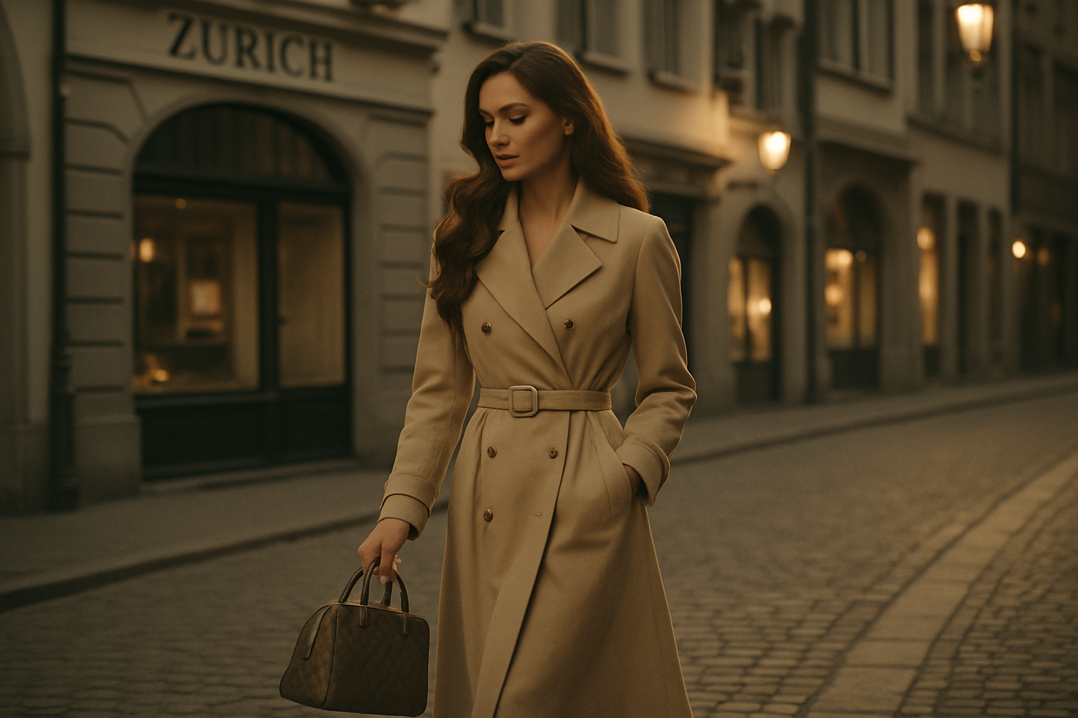Elegant woman with long wavy hair, wearing a timeless neutral outfit (beige trench coat or black wool coat), walking on a Parisian or Zurich street, holding a vintage Chanel or Hermès handbag. Soft natural lighting, classy vibe, vintage aesthetic, no visible logos except on the handbag. Cinematic photography style, luxury atmosphere.